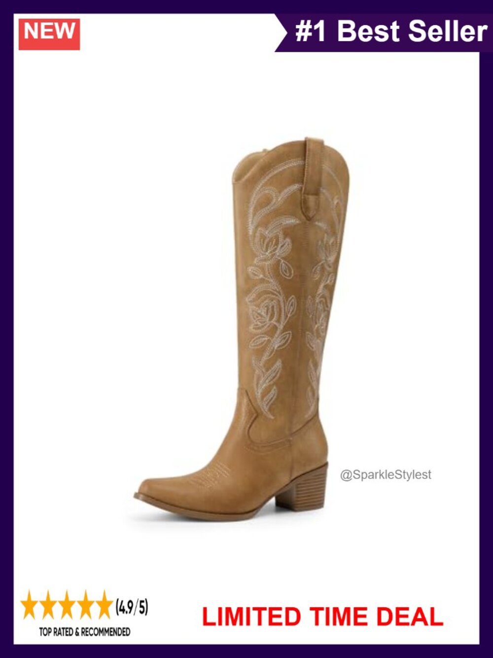 Western Cowgirl Knee High Boots Faux Leather Square Toe Floral Embroidery